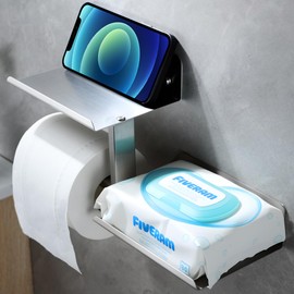 Brushed Nickel Toilet Paper Holder with Double Phone Shelf, Adhesive or Screw Wall Mount Silver Toilet Tissue Roll Holder, Rustproof & 304 Stainless Steel Bathroom Storage Dispenser