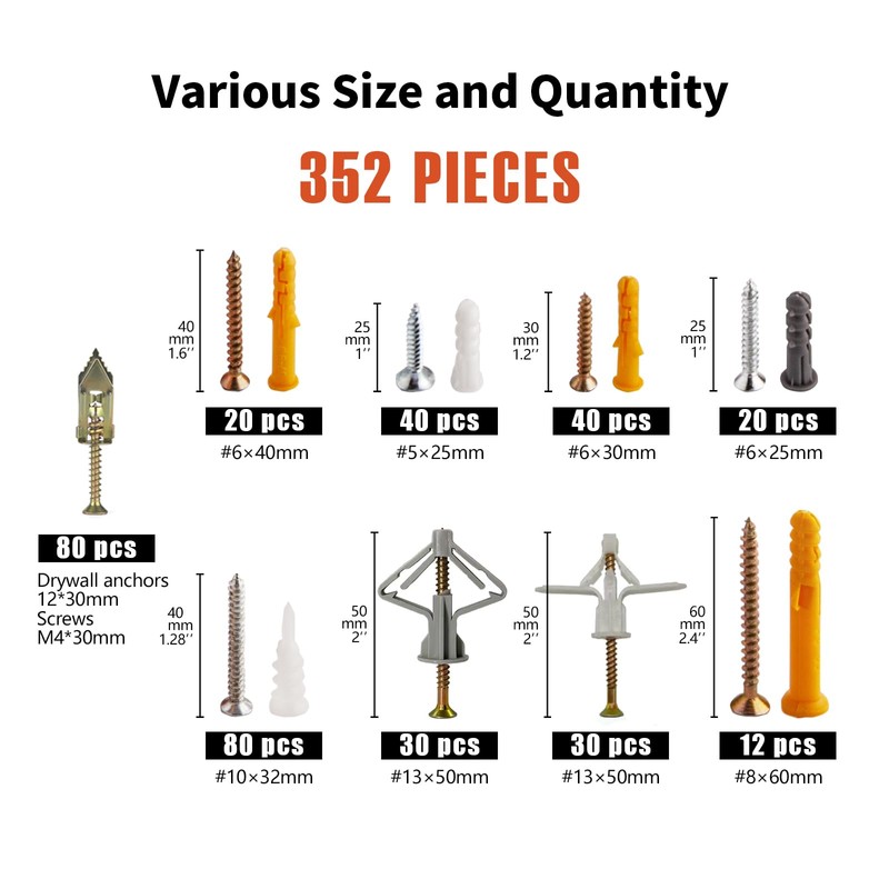 352pcs Screws and Wall Plugs Set, Phillips Flat Head Self