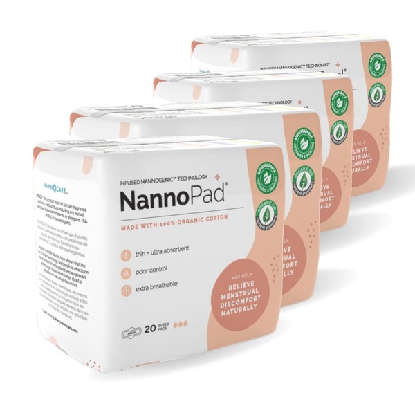 NannoPad Super - Certified Organic Cotton - Naturally Relieve Your Discomfort - No Fragrances, Chemicals or Dyes - Odor-Control and Breathable 4 Pack (80 Pads) Nannocare