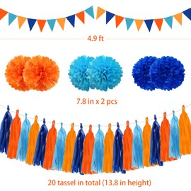 Blue and Orange Party Decorations Set Kids Birthday Paper Fan Tissue Pom Poms Streamers Theme Party Supplies Tassel Garland Banner Blue Orange Party Supplies