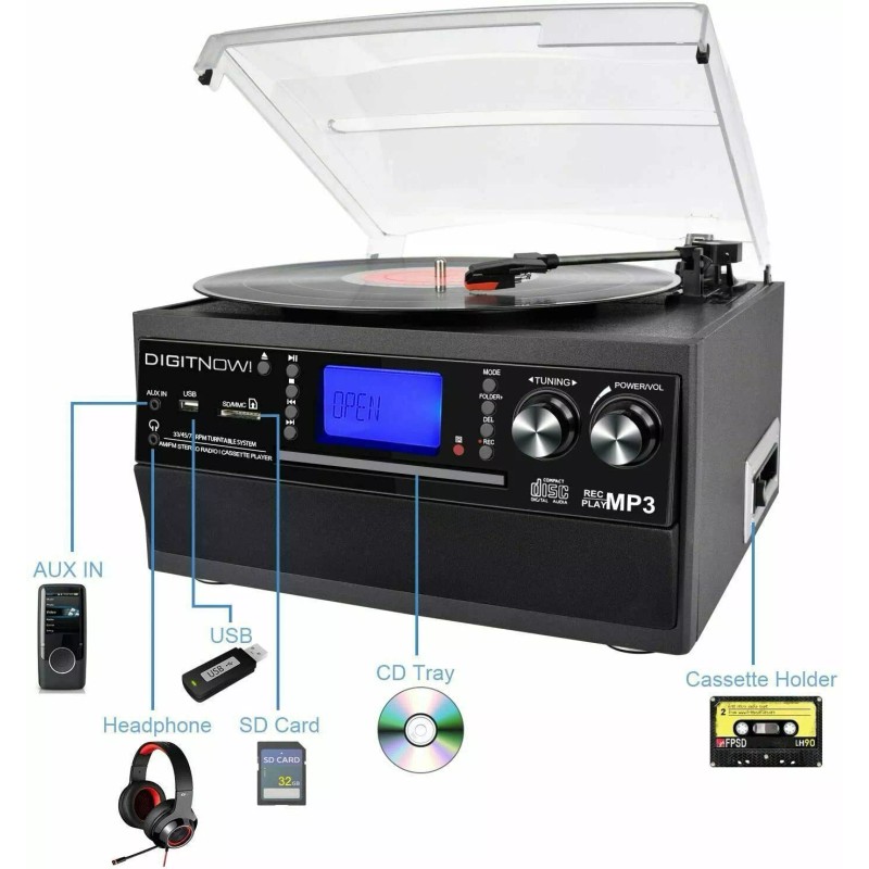 Digitnow! Bluetooth Record Player Turntable with Stereo Speaker, LP Vinyl