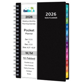 2026 Planner, Weekly ＆ Monthly Planner 2026, Jan 2026 – Dec 2026, 4.3" x 6.89", Flexible Cover, 12 Monthly Tabs, Thick Paper, Spiral Wirebound, Inner Pocket, Black