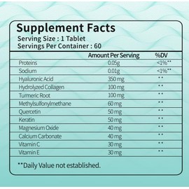 Ácido hialurónico con colágeno hidrolizado, MSM, cúrcuma y vitamina C. 120 comprimidos, suministro para 4 meses.