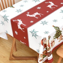 Yofori Christmas Table Cloth Wipe Clean PVC Xmas Tablecloth Square Red Plastic Table Cover Waterproof Wipeable Vinyl Oilcloth Reindeer for Spring festival New Year Dining Party (Deers, 137x137cm)