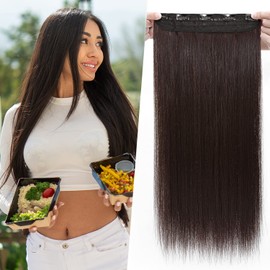 Hairro 26 inch 3/4 Full Head Clip in on Synthetic Hair Extensions for Women One Piece Clip in Hair Weft with 5 Clips Half Head Straight Hairpiece for Natural Daily Use 120g Dark Brown