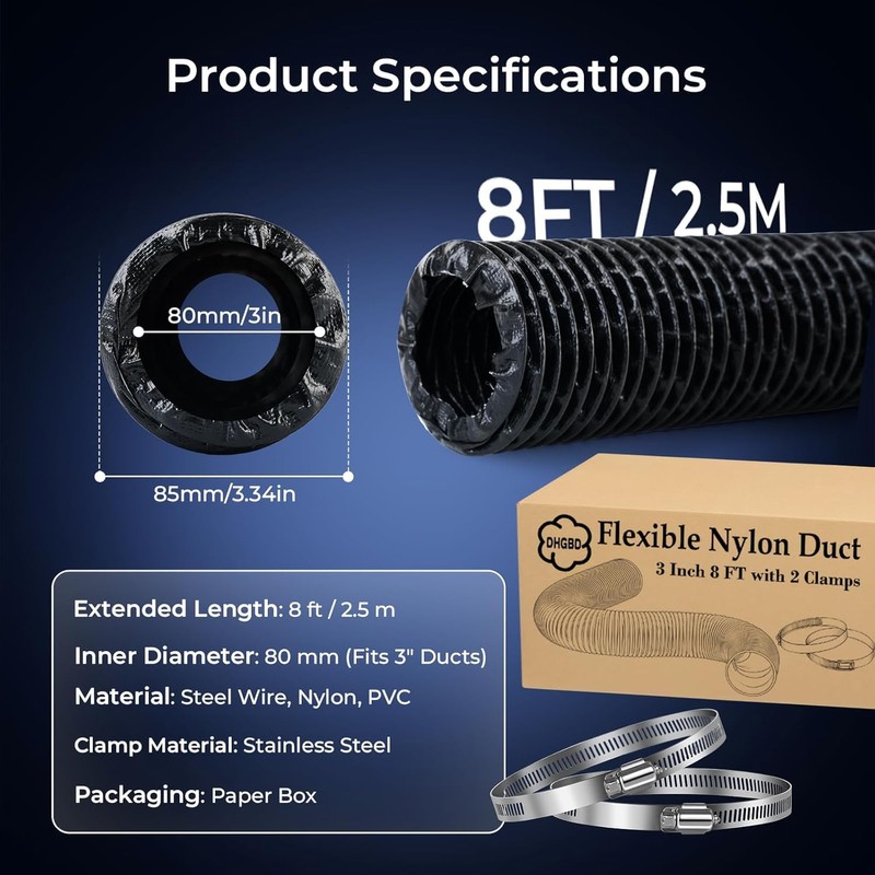 DHGBD Diesel Heater Ducting 3inch 8FT, Nylon Flexible Duct Hose,
