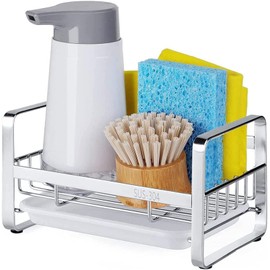 HULISEN Sponge Holder, Stainless Steel Kitchen Sink Organizer, Sink Caddy, Sink Tray Drainer Rack, Brush Soap Holder with Removable Tray (Not Including Dispenser and Brush)