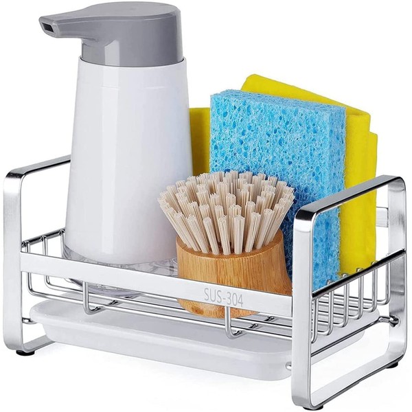 HULISEN Sponge Holder, Stainless Steel Kitchen Sink Organizer, Sink Caddy, Sink Tray Drainer Rack, Brush Soap Holder with Removable Tray (Not Including Dispenser and Brush)