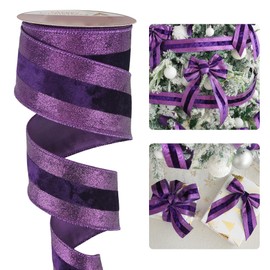 HUIHUANG Purple Velvet Wired Ribbon with Glitter Striped Edges 2.5 inch Purple Christmas Ribbon for Trees, Bows Making, Wreath Supplies, Gift Wrapping, Garlands, Home Decor, Crafts -10 Yards