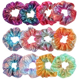 YUXIANLB 12Pcs Scrunchies for Women Metallic Tone Hair Bands Elastic Colorful Hair Ties for Ponytail Holder Cute Scrunchy Hairs Accessories for Gym Dance Party Club Thoughtful Present for Family