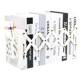 SAYEEC Adjustable Bookends Metal Book Ends with Pen Holder for Heavy Books 3 Dividers Expandable Desk Book Stand Stopper Rack Magazine Binder Organizer for Shelves Bookcase Office School Home (White)