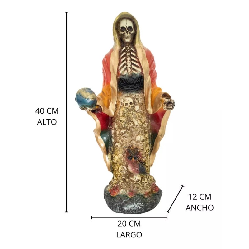 Imagen De Resina Santa Muerte Con Falda De Cráneos.