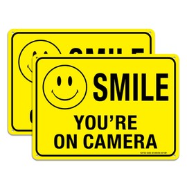 (2 Pack) Faittoo Smile You're On Camera Sign, Reflective 10x7 Rust Free .40 Aluminum, UV Protected, Weather Resistant, Durable Ink, Indoor & Outdoor Use for Home Business CCTV Security Camera