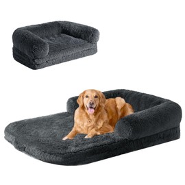 EHEYCIGA Foldable XXL Dog Bed, Faux Fur Fluffy Dog Bed for Extra Large Dogs, Orthopedic Calming Memory Foam Big Dog Couch Bed, Washable Soft Dog Sofa Bed with Non-Slip Bottom, Dark Grey, 54"x38"x8.5"