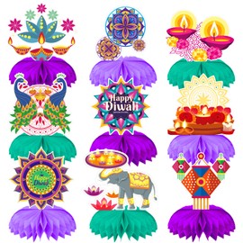 FANOST 9 Pack Happy Diwali Table Decorations Honeycomb Centerpieces, 3D Diwali Table Centerpieces for Happy Diwali Party Decorations Birthday Party Favors Home Table Sign