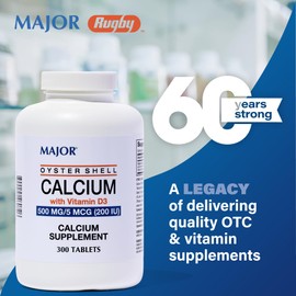 Major Oyster Shell Calcium with Vitamin D3 500 mg / 5 mcg (200 IU) - Daily Calcium Supplement - 300 Tablets (1 Pack)