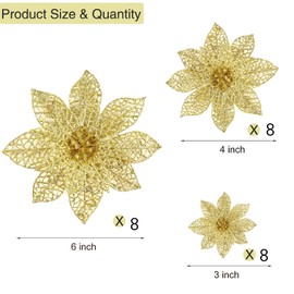 Wironlst 24 Pieces 3 Size Glitter Poinsettia Flowers Christmas Tree Ornaments, Glitzy Poinsettia Bushes Christmas Decorations for Xmas/Holiday/Seasonal/Wedding (Gold)