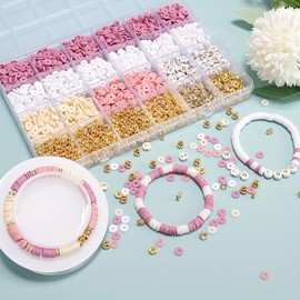 pekifaves Beads for Bracelets Set, 6 mm Heishi Colourful Clay Beads Set, Letter Beads, Clay Beads for Threading Kit, for Jewellery Making, Friendship Bracelet Making, Pink White