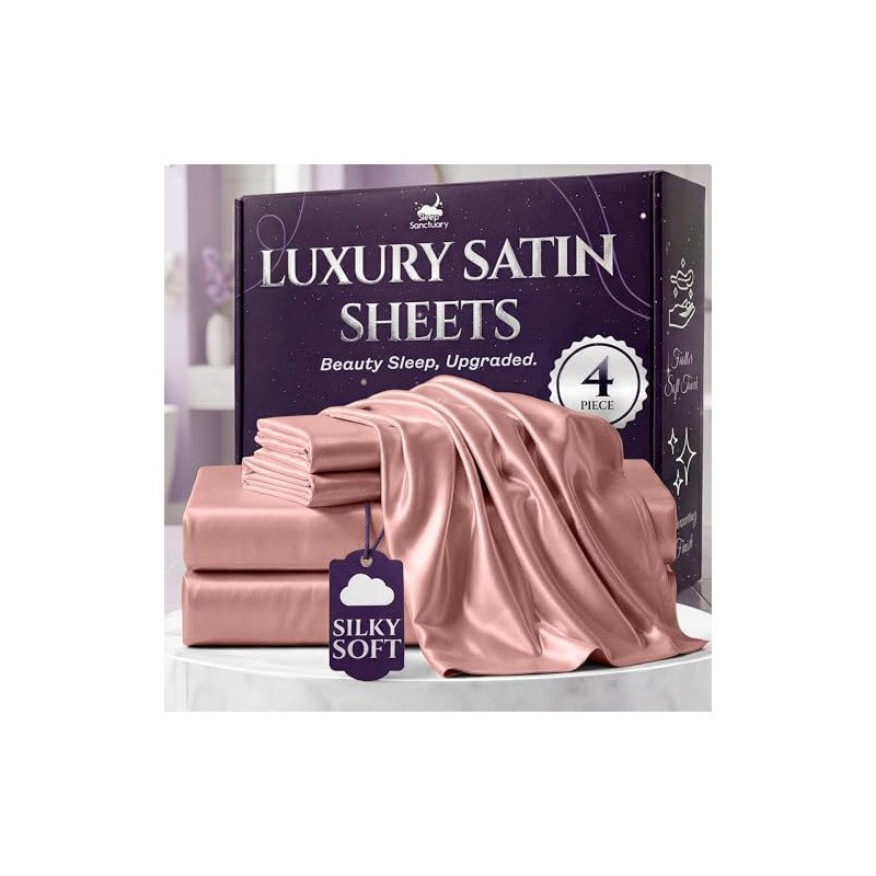 SLEEP SANCTUARY Satin Sheets King Size – 4 Piece Luxury