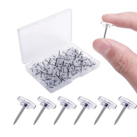 QUETTO 50pcs Clear Flat Head Push Pins Transparent Plastic Thumb Tacks with Storage Box for Wall Hangings Cork Boards Maps Posters and Photos