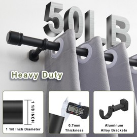 1 1/8 Inch Diameter Curtain Rods 144 to 240 Inches(12-20ft), Telescoping Heavy Duty Large Drapery Rod with Adjustable Aluminum Alloy Bracket, Solid End Caps for Windows Patio Decoration, Matte Black