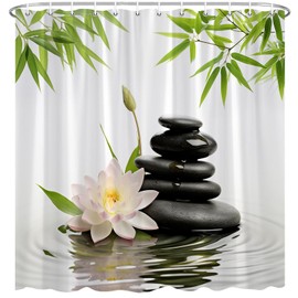 Zen Stone Shower Curtain Green Bamboo Lotus Japanese Garden Asian Style Polyester Fabric Bath Decor with Hook 70X70 Inch