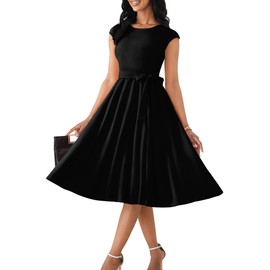 Nmoder Cocktail Summer Elegant Fit and Flare Dresses for Women Vintage Tea Party Cap Sleeve Dresses with Belt & Pockets Black L
