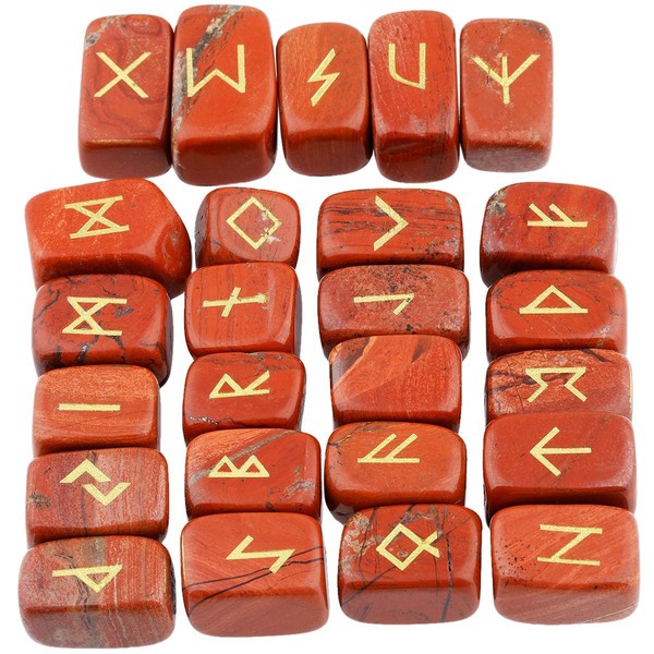 mookaitedecor Rune Stones Set with Engraved Elder Futhark Alphabet Crystal Meditation Divination,Red Jasper