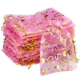50PCS Heart Printed Organza Bags Gift Jewelry Candy Bags for Wedding Valentine's Day Mother's Day Party Christmas (Pink, 5×7inch)