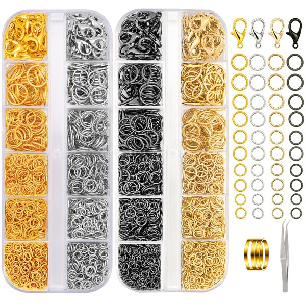 JOISHOP 2042pcs Jump Rings Kit, Silver Gold Metal Open Jump Rings Connector Rings with Opener, Tweezers Tools for Jewelry Making DIY Bracelet Earring Necklace Charms Repair (4-10mm)