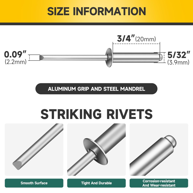 Mywish (250Pcs) 5/32" x 3/4" Blind Pop Rivets Aluminum Grip