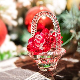 H&D HYALINE & DORA Crystal Red Rose Flower Basket Crystal Collectible Figurines Ornaments for Home Decor Table Centerpiece