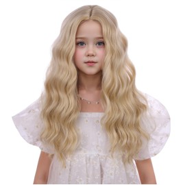 Edivd Girls Mixed Blonde Wig Child Long Light Blonde Wavy Curly Wig Kids Blonde Middle Part Wig Heat Resistant Synthetic Wig with Wig Cap