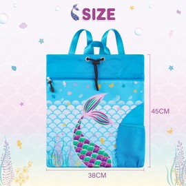 WAWSAM Mermaid Gym Drawstring Backpack - 38 × 45 cm Sports Gym PE Bag for Girls Kids Waterproof Swimming Beach Backpack Birthday Christmas Gift with Zippered Pocket and Water Bottle Holder