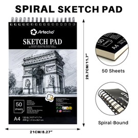 Artecho A4 Sketch Book, 200gsm Hardcover Spiral Bound Sketch Pad, 50 Sheets Acid Free Drawing Paper for Pencil, Charcoal, Pastel and Sketching