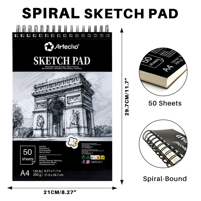 Artecho A4 Sketch Book, 200gsm Hardcover Spiral Bound Sketch Pad,