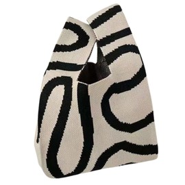 Jessie's Life Women's Knit Bag, Mini Tote Bag, Small, Eco Bag, Stylish, Floral Bag, Mini Bag, Handbag, Soft, Foldable, Lightweight, Cute, Bent Art Line