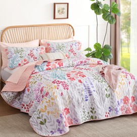 Xruibed Floral Quilt Sets Queen Size Pink Quilt Set 3 Pieces Bedspreads Bedding Set Soft and Cozy Microfiber Lightweight Quilt Flower Bed Coverlet Sets for All Season(Queen 96"x90")