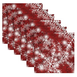 Christmas Fabric Napkins, Christmas Background with Snowflakes, Red, Pack of 6, Washable, Reusable, Polyester Table Napkins for Family Dinners, Party