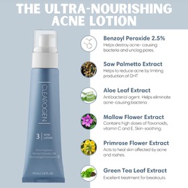 Clearogen Acne Lotion with Benzoyl Peroxide, Acne Cream, Face Moisturizer Acne Prone Skin, Acne Moisturizer for Face, 1.8 Fl oz