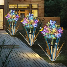 Homight Solar Metal Agave Butterfly Flower Stick Garden Sculpture Outdoor Gift Solar Garden Christmas Lights Swaying Butterfly Sunflower Garden Lights Solar Outdoor (3 PCS Blue)