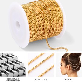 [66 Feet/ 20M] 18K Gold Plated Stainless Steel Curb Chain, 2mm 304 Stainless Steel Flat Twisted Links Curb Chains Bulk for Jewelry Making Necklace DIY Craft