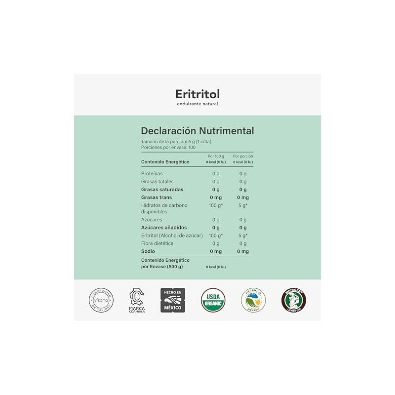 VIZANA NUTRITION | Eritritol Endulzante Orgánico USDA 1000g por pack