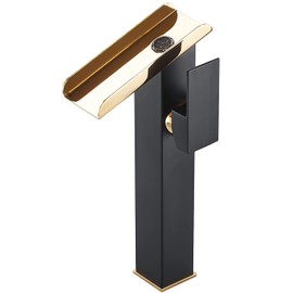 Bathroom Vessel Sink Faucet Black Gold Tall Spout Brass Waterfall Single Handle One Hole Bathroom Faucets Vanity Lavatory Bowl Sink Commercial Basin Water Supply Line Above Counter