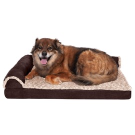 Furhaven Pet Bed for Dogs and Cats - Two-Tone Faux Fur and Suede L-Shaped Chaise Memory Foam Dog Bed, Removable Machine Washable Cover - Espresso, Large