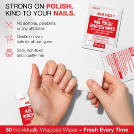 Nail Polish Remover Pads - 100% Non-Acetone - 50 Pack Bulk Set - Individually Wrapped - Quick Nail Polish Remover Wipes - Fingernail Travel Kit to Clear Nail Polish for Home & Professional Removal
