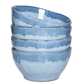 Bosmarlin Ceramic Soup Bowl Set of 4, 28 Oz, Cereal Bowl for Oatmeal, Dishwasher and Microwave Safe, Reactive Glaze (Blue, 6 inches)