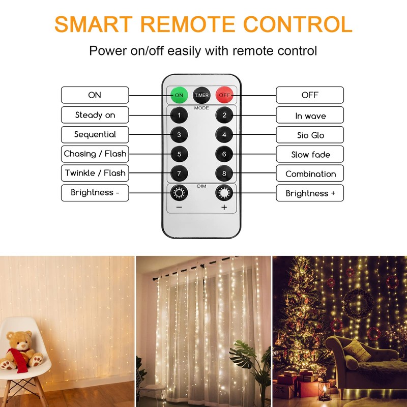 Jsdoin Curtain Lights 3m×3m 300LED Fairy Lights with 8 Modes