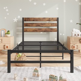 SPOFLYINN Platform Bed Frame with Rustic Vintage Wood Headboard No Box Spring Needed Metal Slats Support Mattress Foundation Noise-Fre