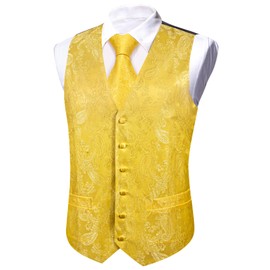 YOHOWA Men's 6-Piece Waistcoat Set with Tie Pocket Square Cufflinks and Pin Paisley Flower V-Neck in Silk Perfect for Formal or Casual Occasions